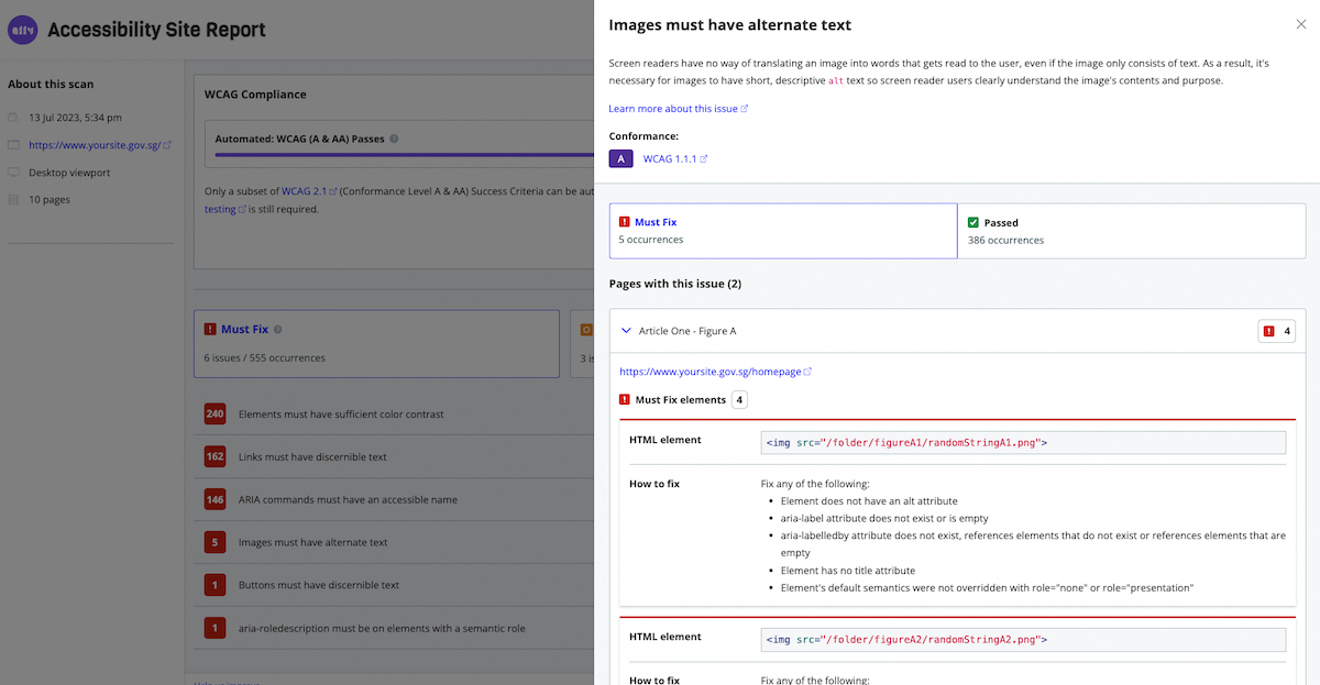 Fig 1: Sample screenshot of a Purple HATS report showing accessibility issues regarding images missing alt text.