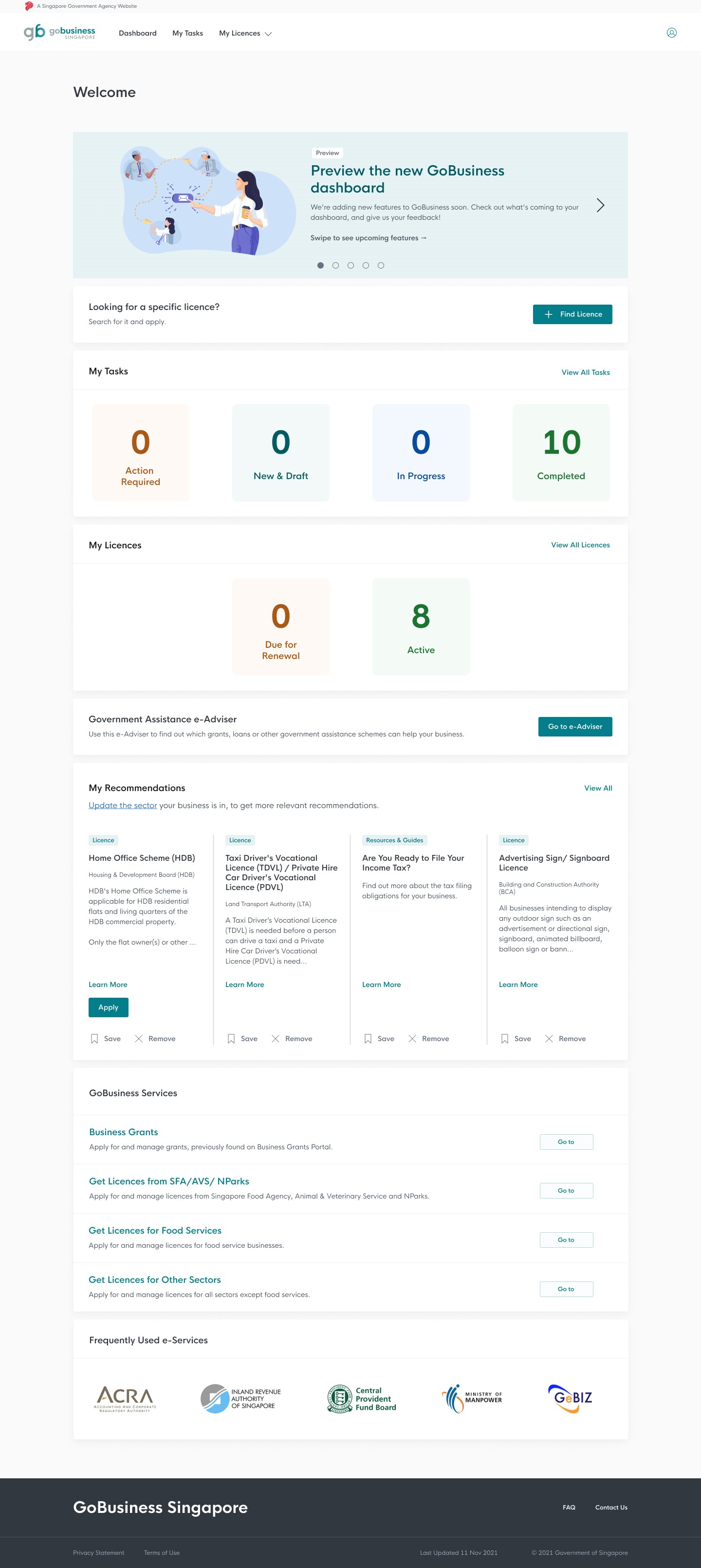 Fig 2: GoBusiness Personalised Dashboard