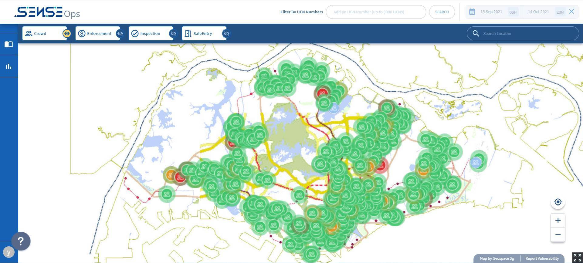 Fig 1: SenseOp’s Map layer with the crowd filter applied.